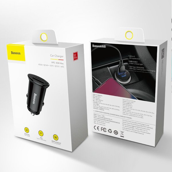 BASEUS Runder Kfz-Ladeadapter aus Kunststoff mit USB-A- und USB-C-Anschluss (30 W)