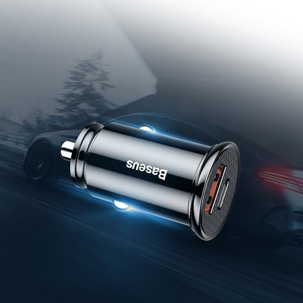 BASEUS Runder Kfz-Ladeadapter aus Kunststoff mit USB-A- und USB-C-Anschluss (30 W)