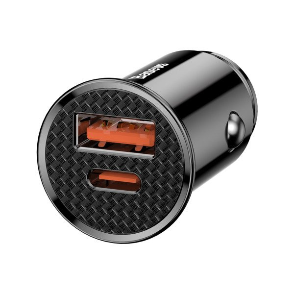BASEUS Runder Kfz-Ladeadapter aus Kunststoff mit USB-A- und USB-C-Anschluss (30 W)