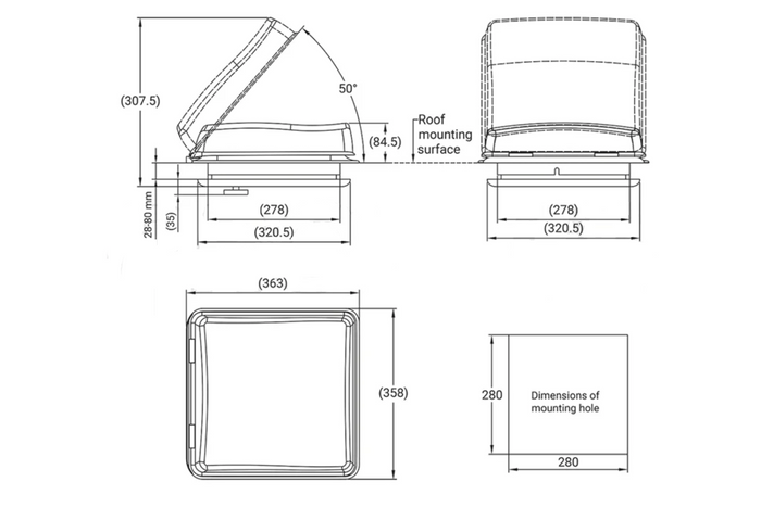 ProPlus 610900V01 Dachfenster-Dachlüfter für Wohnmobile 280x280mm