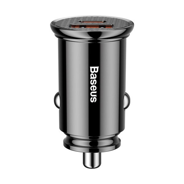 BASEUS Runder Kfz-Ladeadapter aus Kunststoff mit USB-A- und USB-C-Anschluss (30 W)